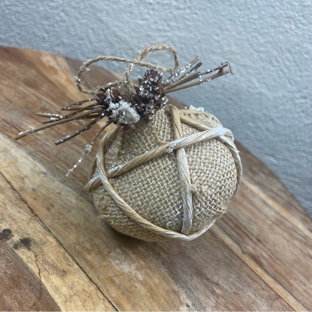 burton+BURTON l Round Rustic Natural Burlap Wood Twig Pinecones Glitter Ornament
